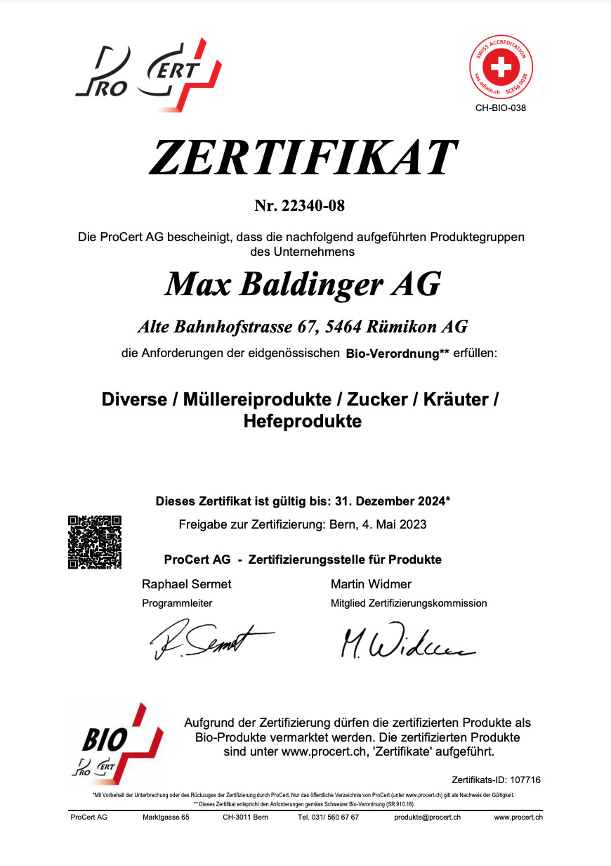 CH-BIO Zertifikat Max Baldinger AG