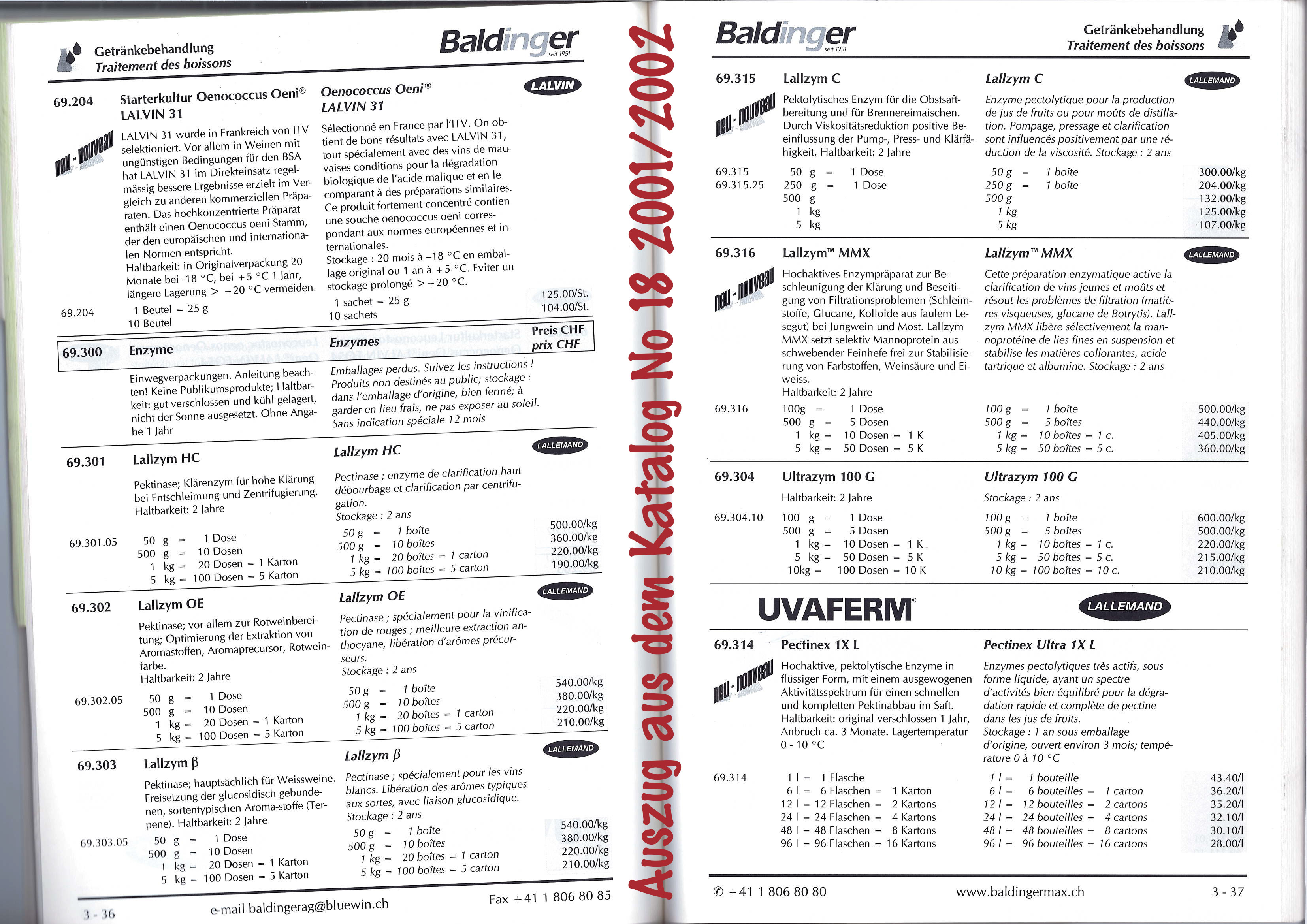 Auszug aus dem Katalog No 18 2001/2002 - Seite mit Lallemand-Produkten