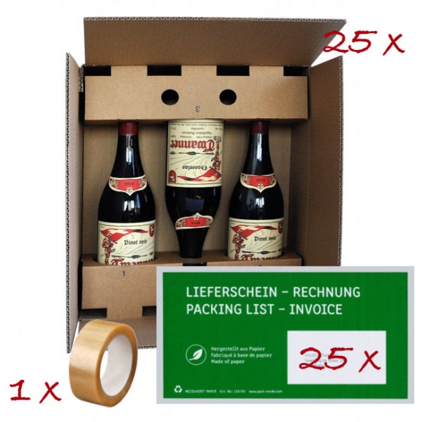 Set 25 x VinoPac weiss inkl. Versandtasche & Klebeband für 6 Flaschen 7 dl - 1 L